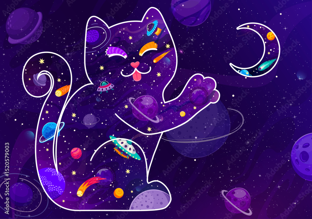 Poster galaxy space cat touching moon with paw in starry night sky, vector cartoon background. galaxy space