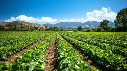 Vibrant Green Farm Field Under Sunny Sky