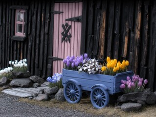Rustic wooden building with spring flowers