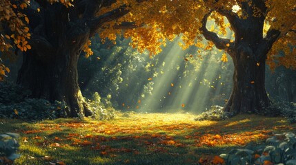 Autumn Sunlight Through Golden Leaves in a Forest