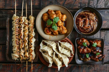 High-Angle Close-Up of Asian Street Food Platter with Skewers, Dumplings, and Sauces