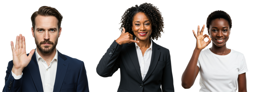 Diverse group of people making hand gestures; Caucasian businessman signals stop, African American businesswoman makes call me sign, and young Black woman gives OK symbol.