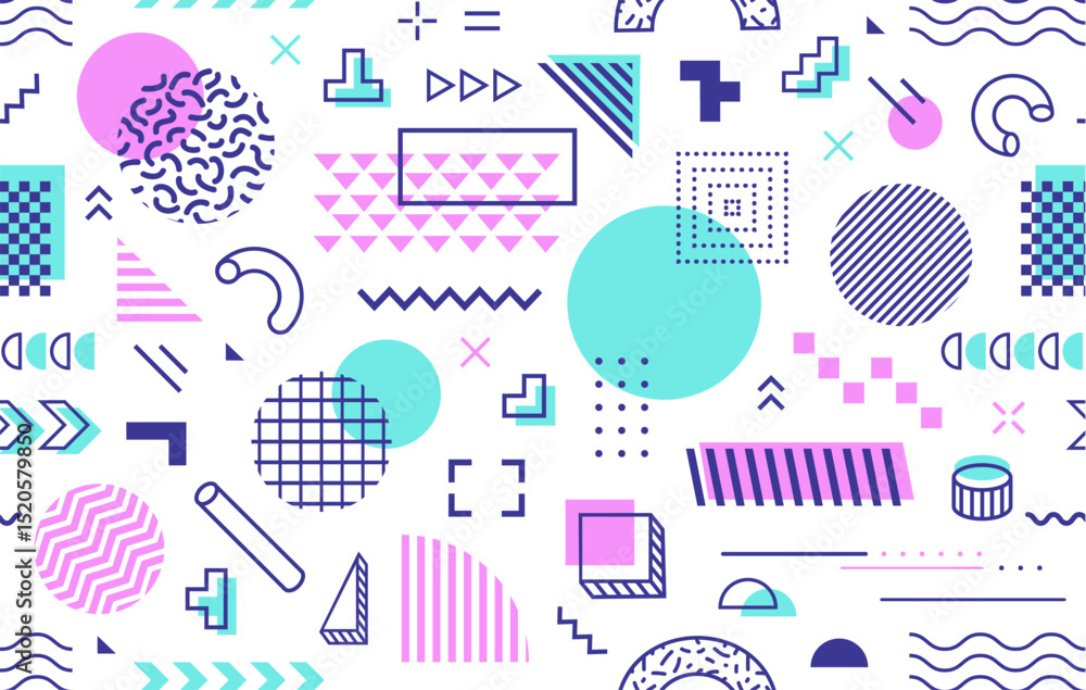 Aufkleber Abstract geometric Memphis seamless pattern background, vector shapes and colors. Modern trendy Memphis pattern of geometric shapes, isometric line elements and retro minimal color figures background