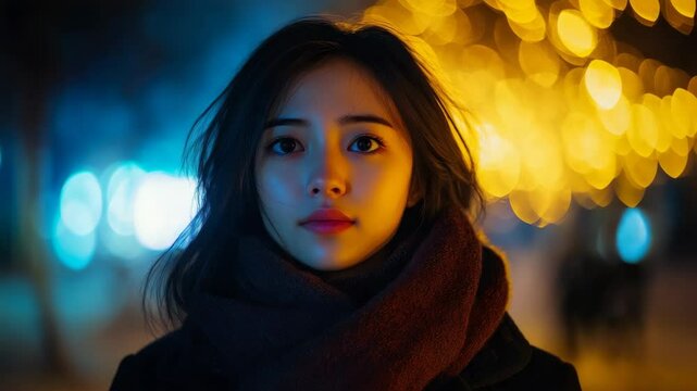 Asian Woman Portrait With Scarf And Winter Coat Under Bokeh Lights In The City At Night In Dark Background For Adobe Stock Photo