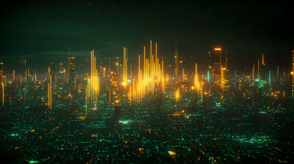 Futuristic Cityscape At Night With Golden Lights