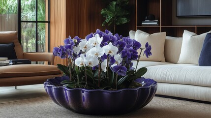 White and Purple Orchid Arrangement in Modern Living Room