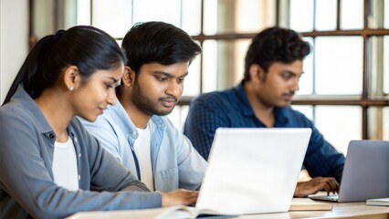 Indian student team preparing presentation in classroom
