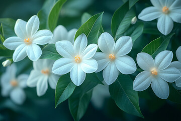 Fototapeta premium Closeup of Delicate White Pinwheel Flowers with Yellow Centers and Green Foliage Background