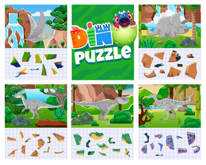 Kids jigsaw puzzle logic game with prehistoric dinosaurs. Cartoon vector cut and glue educational worksheets with dino shapes and pieces to match. Learning riddle with pterodactyl, triceratops species