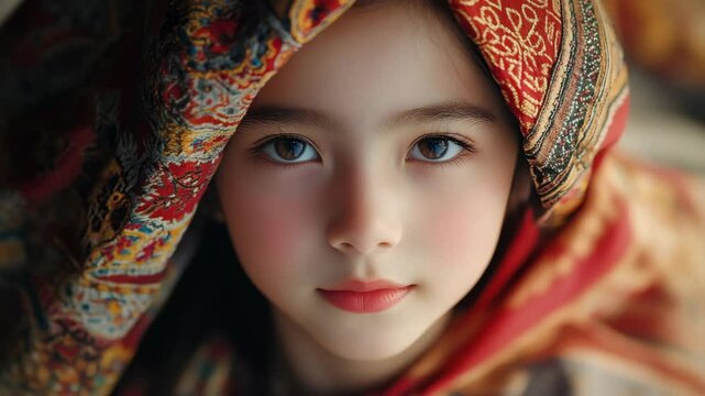 Charming Girl Portrait in Headscarf with Intricate Red Patterns with Clear Gaze and Soft Lighting for Adobe Stock Photo