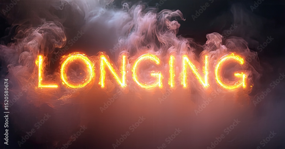 Poster glowing text spells longing amidst swirling smoke. dramatic lighting creates intense, fiery visual i
