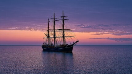 Obraz premium A sailing vessel in tranquil waters at sunset.