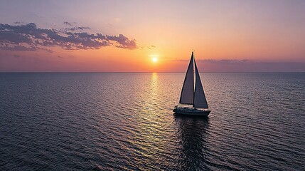 A sailboat on a calm sea at sunset.