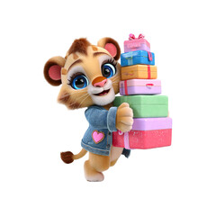Adorable Lion Cub Carrying a Stack of Gifts