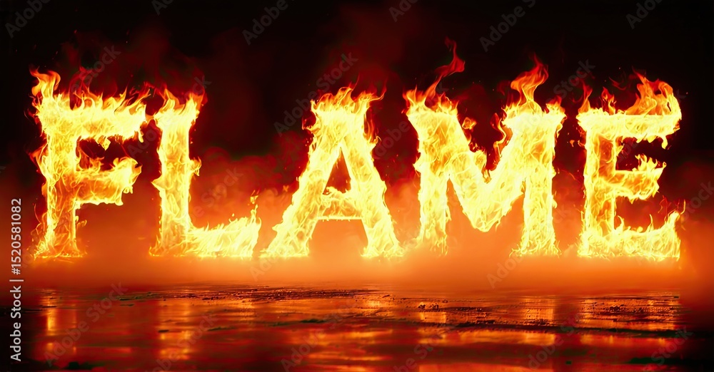 Poster fiery text spells flame. bright orange, yellow flames engulf letters. dark background enhances visua