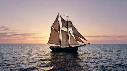 Fototapeta premium A sailing vessel on calm ocean waters at sunset.