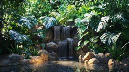Lush Tropical Waterfall Scene with Green Plants