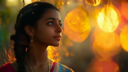 Close Up Portrait of a Young Indian Woman With Red Bindi and Gold Jewelry With Bright Golden Light Background and Colorful Saree - Powered by Adobe