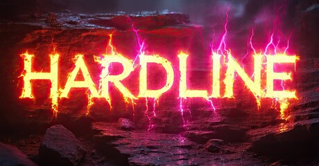 Dramatic text display. HARDLINE glows with intense energy, lightning effects, dark background. Powerful visual impact.