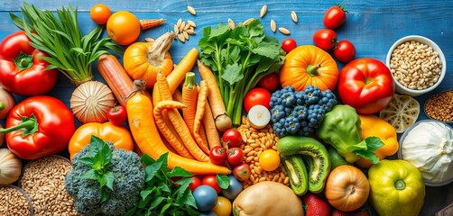 Colorful array of fresh fruits, vegetables, and whole grains,  farm fresh,  wellbeing