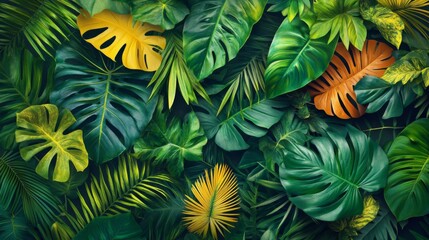 Lush Tropical Leaves Background: Green, Yellow, and Orange Foliage