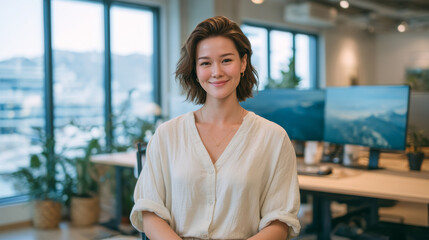 Professional working in a contemporary office features natural light, sleek decor, and an inspiring environment.