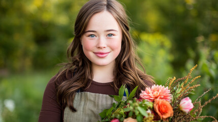 Fototapeta premium Smiling young woman with flowers in a serene garden setting, expressing tranquility and natural beauty