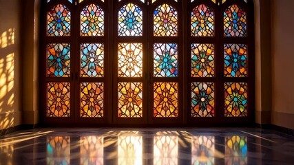 Sunlight streaming through ornate stained glass window panels with floral patterns casting vibrant reflections on polished marble floor - Powered by Adobe