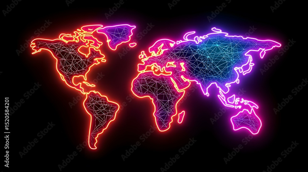 Poster a neon-lit outline of the world map, segmented into red and purple halves, with a detailed mesh of i
