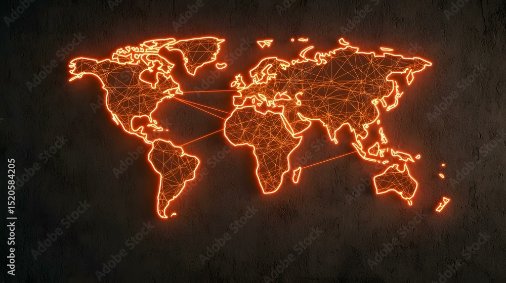 Aufkleber an orange neon world map with connecting lines is displayed against a dark textured background.