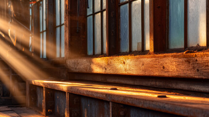 Rustic setting with sunlight streaming through old industrial windows, illuminating weathered wooden textures and creating a warm, atmospheric ambiance.