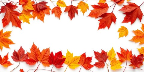 Fototapeta premium Crisp autumn leaves arranged in a rectangular frame on pure white backdrop, autumn, colorful