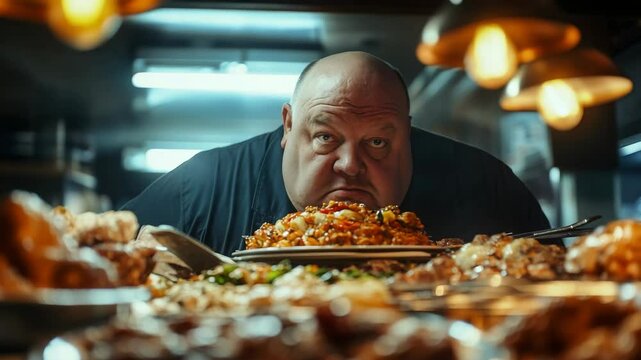 Dramatic Low Angle Portrait of an Overweight Man Surrounded by Plates of Food In a Commercial Kitchen with Harsh Lighting
