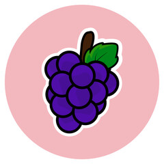 A fresh and juicy icon of a bunch of purple grapes with stem and leaf, perfect for use in food, wine, and health designs.