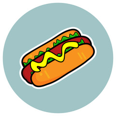 A mouth-watering icon of a hotdog with sausage, veggies, and cheese topping, perfect for use in food, fast food, and snack designs.