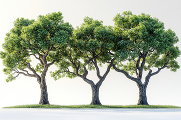 Obraz premium Three Green Trees Standing Tall with Detailed Trunk Texture Against Bright White Background