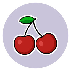 Cartoon vector illustration of a pair of red cherries with a green leaf. A colorful and cheerful fruit icon ideal for kids’ content, summer themes, and healthy food designs.