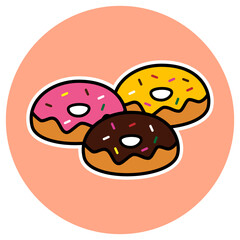 A sweet and playful icon of 3 donuts with colorful toppings and chocolate sprinkles, perfect for use in food, bakery, and dessert designs.