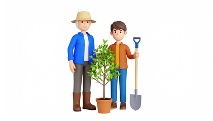 Fototapeta premium Cheerful Grandparent and Grandchild Planting a Sapling: A Whimsical 3D Illustration