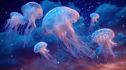 Naklejka premium Fantasy glowing jellyfish floating in a dreamy underwater sky, surreal marine life with stars and colorful bioluminescence in a magical ocean atmosphere
