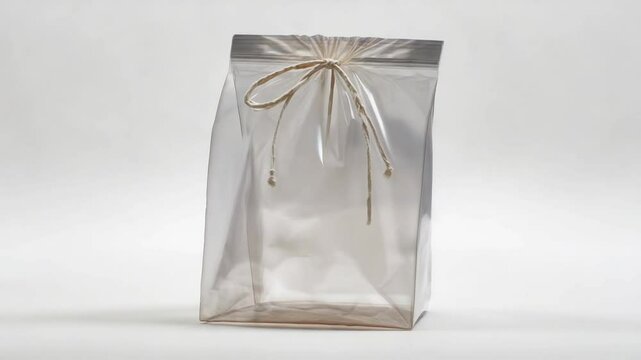 Transparent bag tied with string, showcasing contents inside