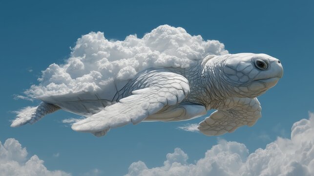 Surreal illustration of a turtle made of clouds flying in the sky, fantasy animal concept blending nature and imagination in a dreamy blue atmosphere