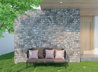 A small garden corner with a blank stone wall and a sofa for sitting and enjoying the garden. The atmosphere is shady.3d render