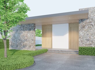 Entrance to the guest room, a small resort in a garden, minimalist style, wooden entrance door and blank wall with big trees and a small lawn.3d render