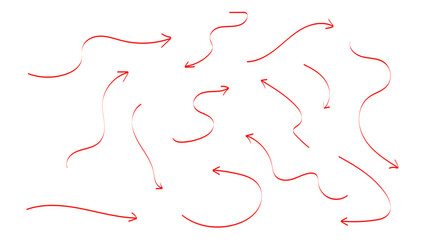 Arrow brush doodle chalk red line stroke. Arrows icons set. Sketch pencil texture line scribble red arrow icon. Hand drawn grunge crayon brush sketch direction. Vector illustration