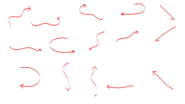 Arrow brush doodle chalk red line stroke. Arrows icons set. Sketch pencil texture line scribble red arrow icon. Hand drawn grunge crayon brush sketch direction. Vector illustration