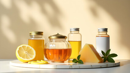 Elegant still life composition featuring lemon, honey, cheese, and oils in glass jars on a white marble surface bathed in warm sunlight