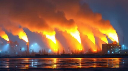 Dramatic view of industrial site at night with flaring and light reflections - Powered by Adobe