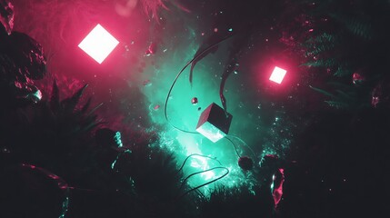 Obraz premium Neon jungle with floating geometric shapes