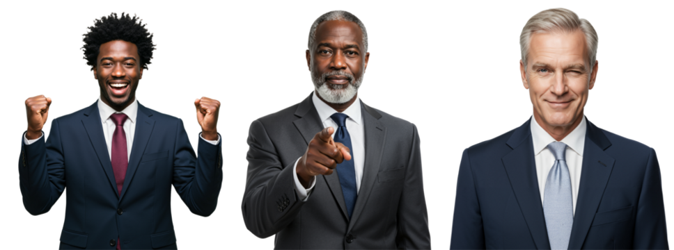 Portraits of Three Successful Businessmen: Excited Young African American, Confident Senior African American, and Charming Senior Caucasian Man.
